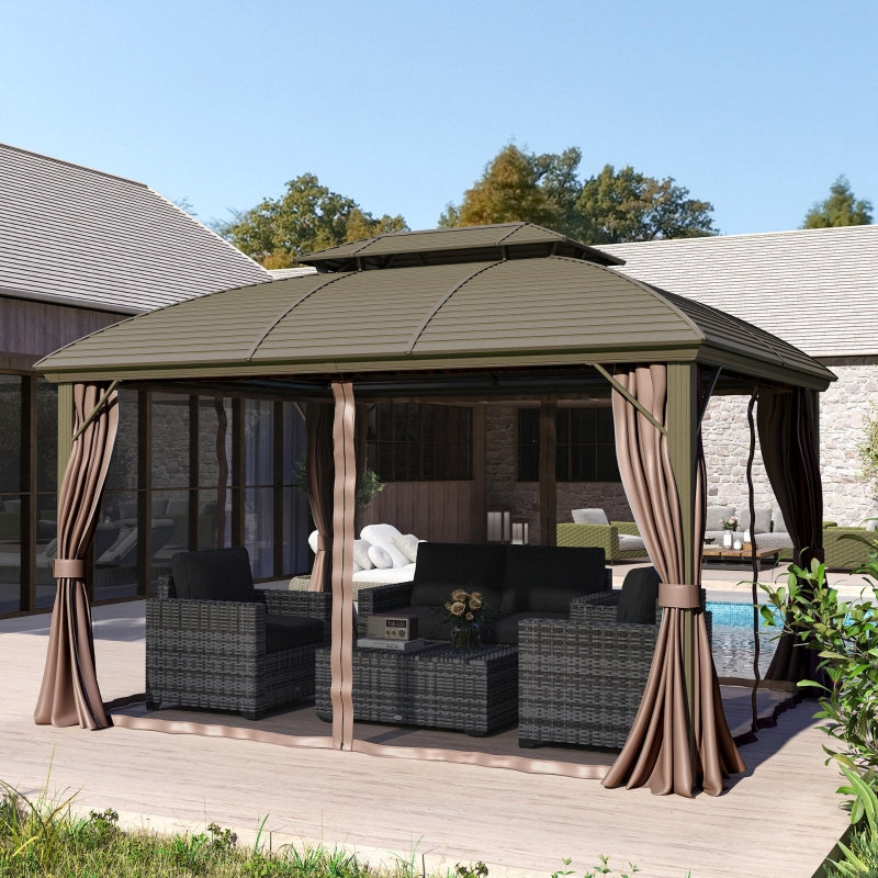 3.65m x 3m Coffee Hardtop Garden Gazebo with Steel Roof, Aluminium Frame, Double – Tier Canopy, Curtains & Mesh Sidewalls – Luxury Outdoor Pavilion...