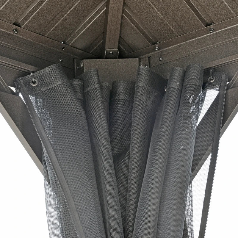 3.65m x 3m Aluminium Hardtop Gazebo - Brown Double Roof Patio Shelter with Privacy Curtains