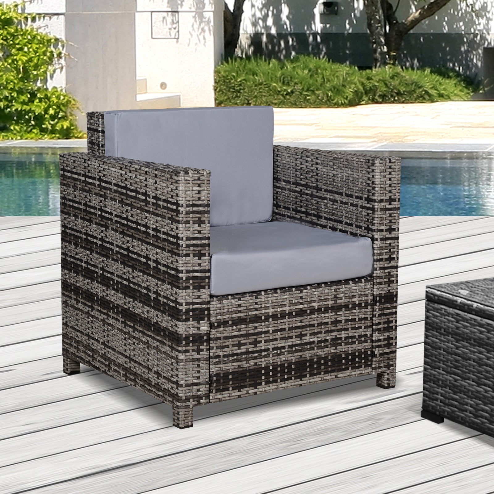 Amalfi Rattan Garden Armchair 10cm Cushion Outdoor Single Chair with Steel Frame, Grey