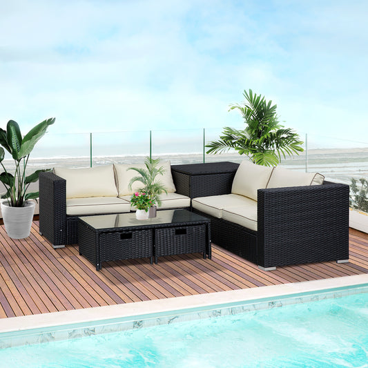 Amalfi 4 Seater Rattan Garden Furniture Set with Storage Box, 2 Drawers Coffee Table, Black