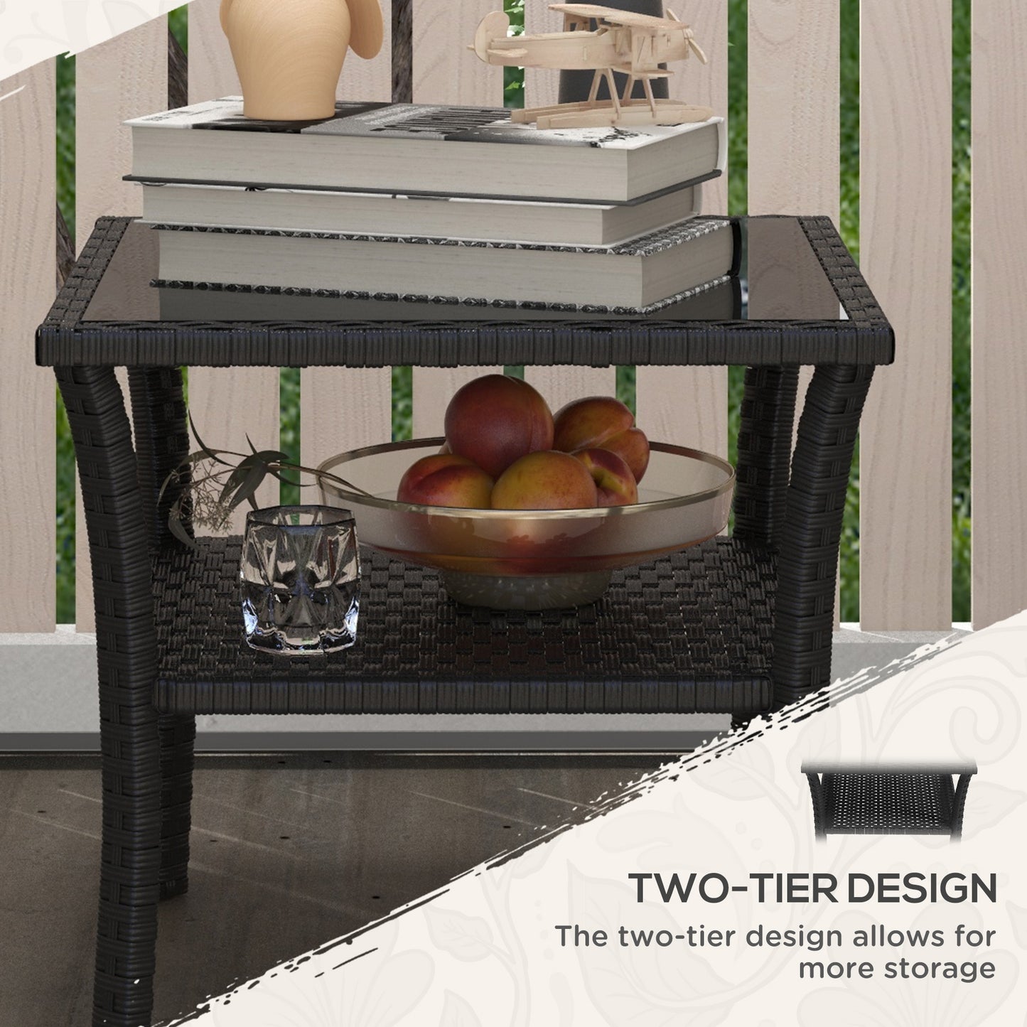 Outsunny Two-tier PE Rattan Square Coffee Table - Black