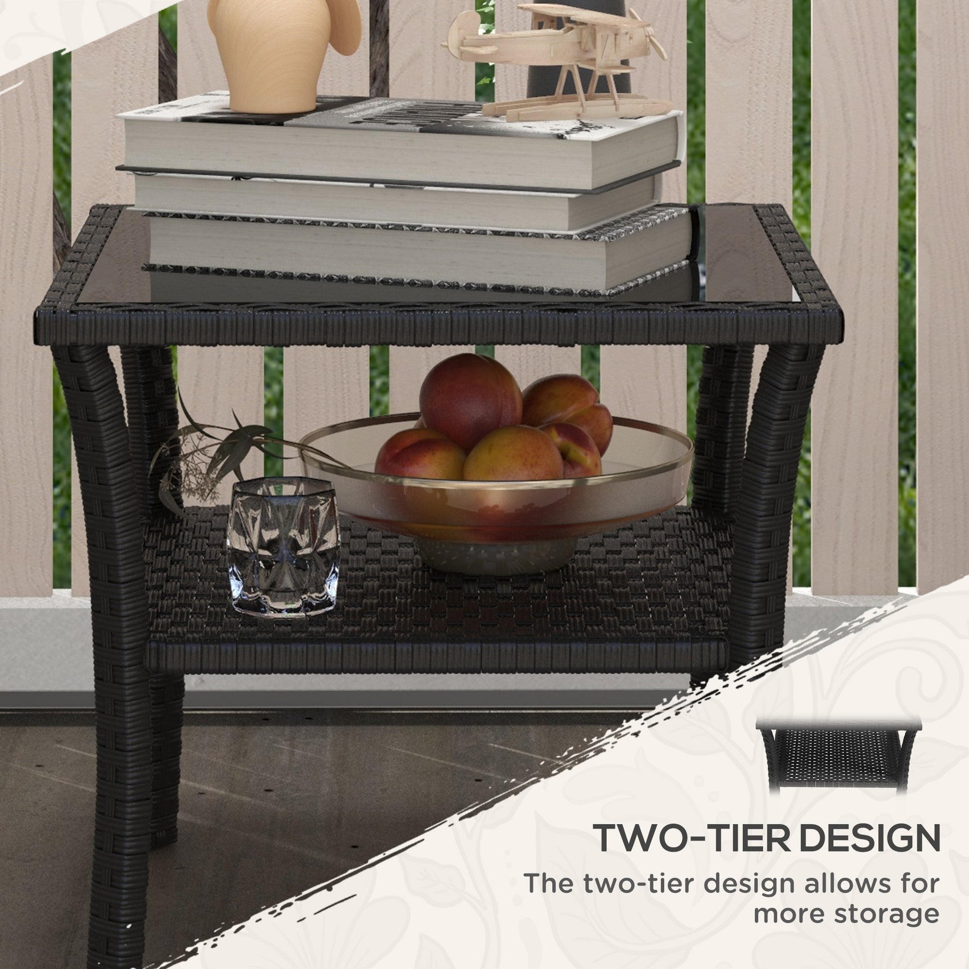 Outsunny Two-tier PE Rattan Square Coffee Table - Black