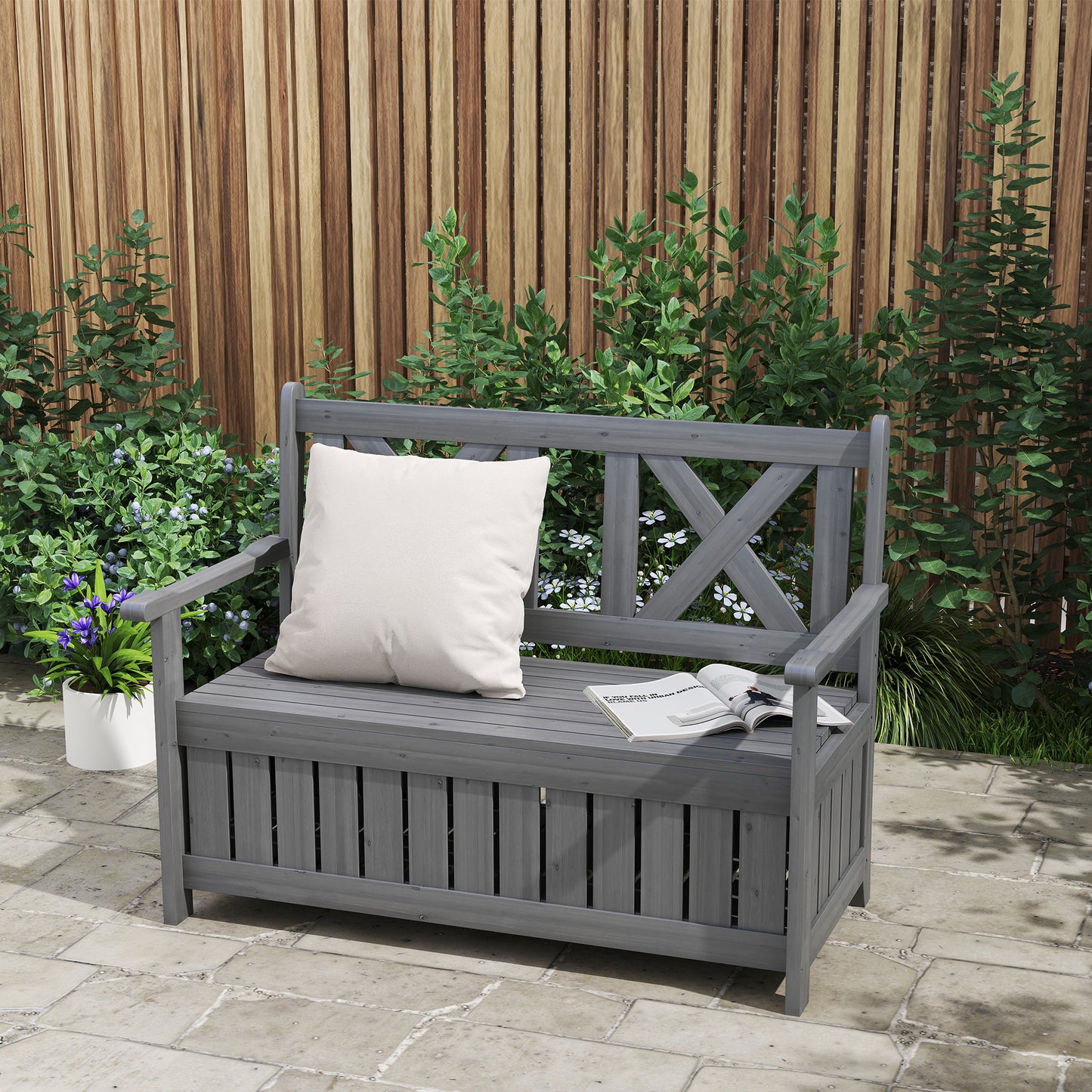 Sorrento 2-Seater Garden Storage Bench for Patio Wood Porch Decor Outdoor Seating, Charcoal Grey