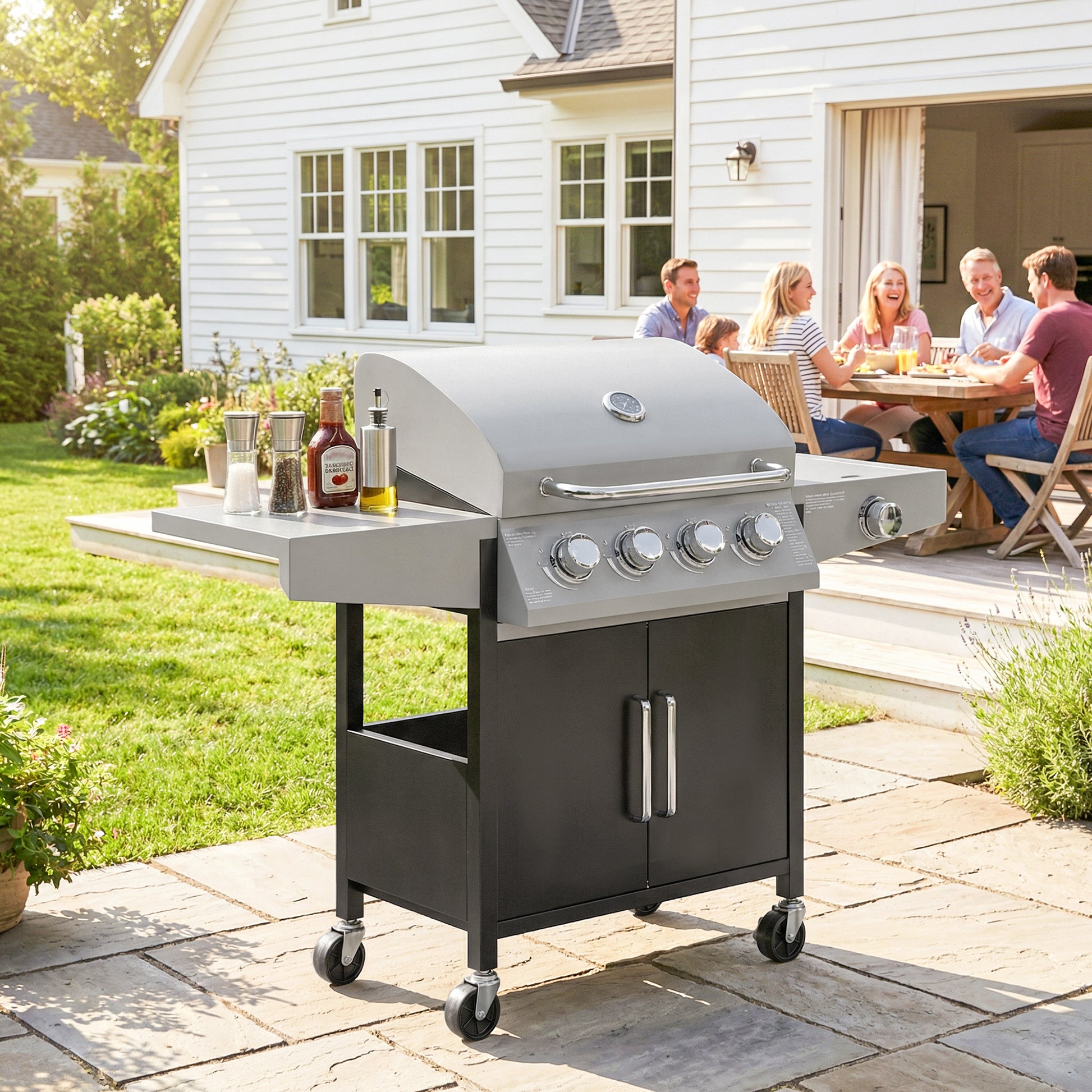 Outsunny 4+1 Burner Gas BBQ Grill with Side Burner, 14.5 kW Steel Portable Gas Barbecue Grill with Built-in Thermometer, Lid