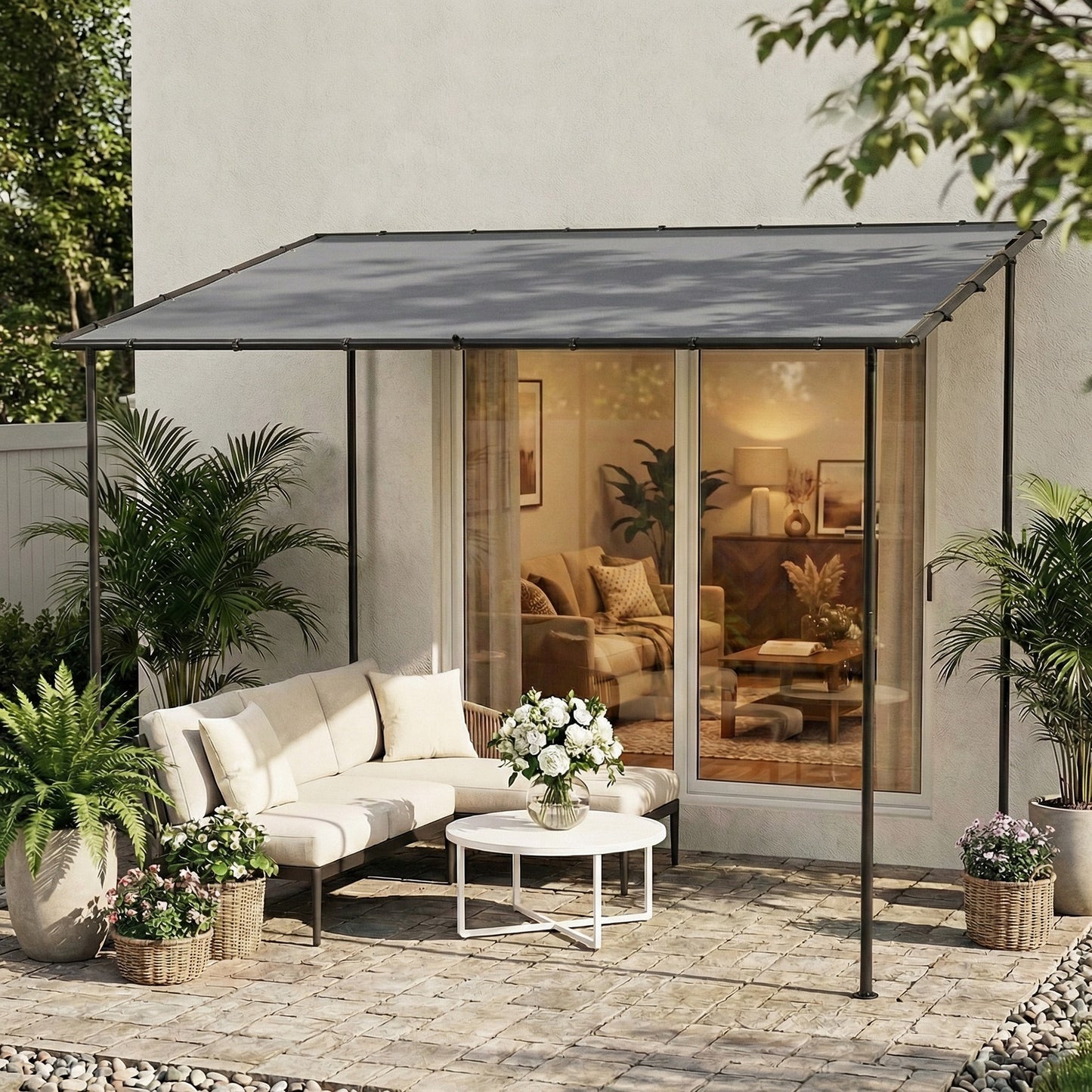 3 x 2 m Lean to Garden Pergola, Metal Frame Gazebo Pergola with UPF30+ Protection, Sloped Roof