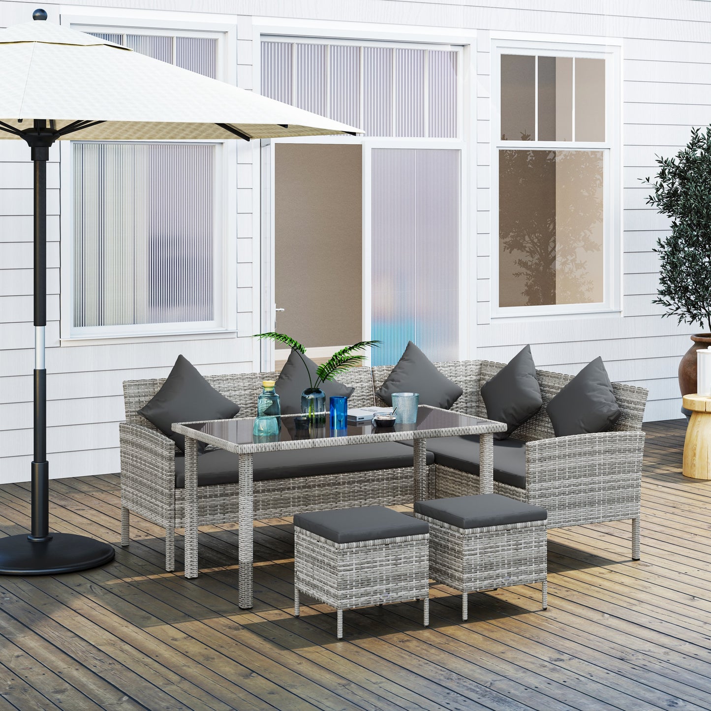 Portofino tsunny 6-Seater Rattan Dining Set Sofa Table Footstool Outdoor w/ Cushion Garden Furniture, Dark Grey