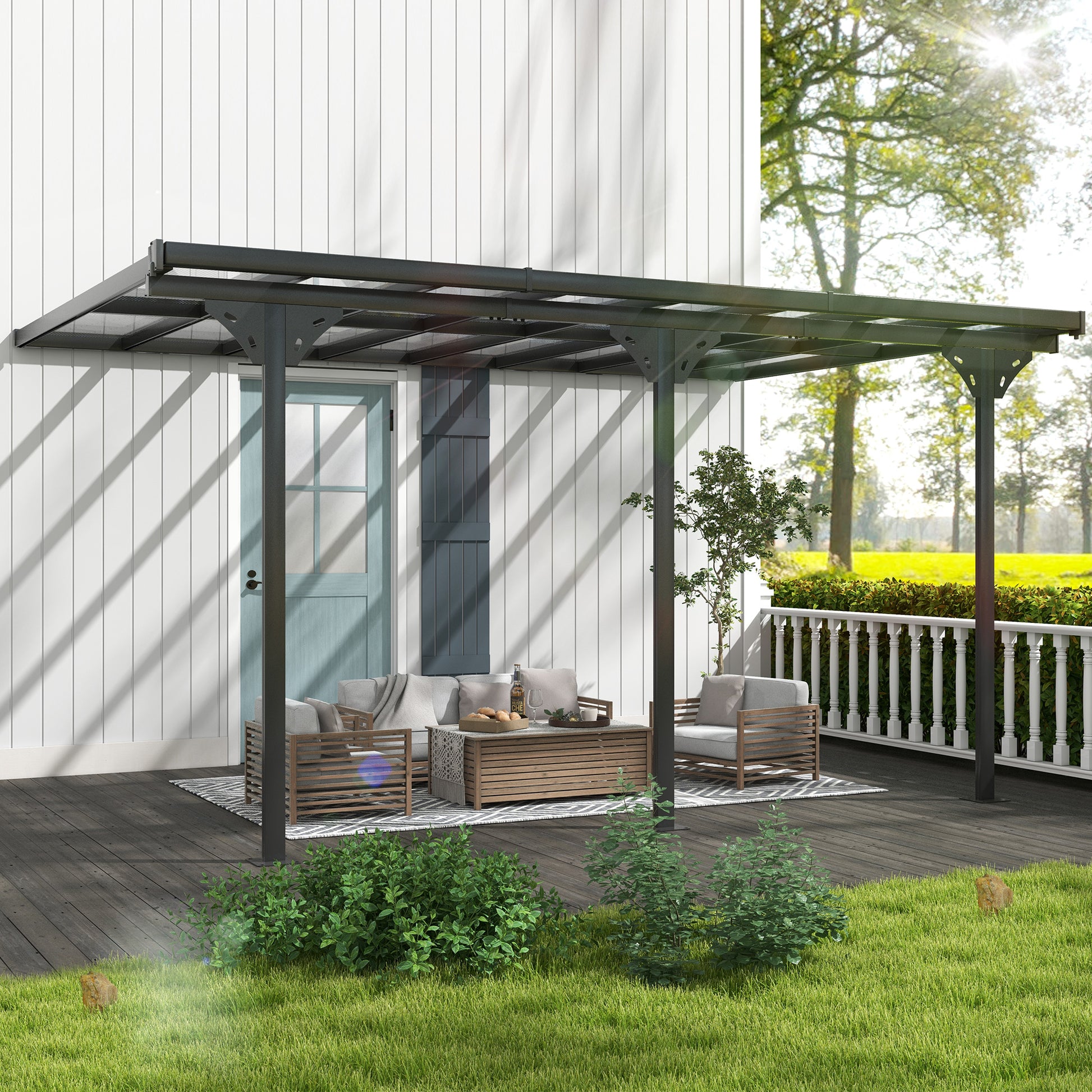 4.35 x 3m Garden Gazebo Pergola, Retractable Pergola Canopy Aluminum Post & PC Roof, Grey