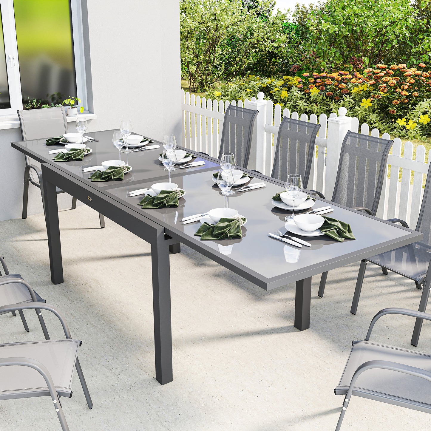 Riviera Extending Garden Table for 6-10, Aluminium Garden Dining Table with Tempered Glass Top, Grey