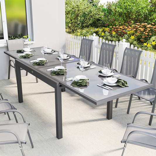 Riviera Extending Garden Table for 6-10, Aluminium Garden Dining Table with Tempered Glass Top, Grey