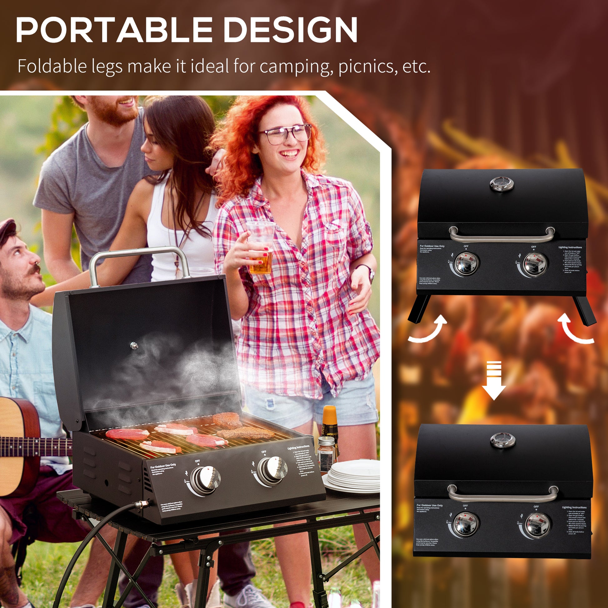 Outsunny 2 Burner Gas BBQ Grill, 5.8 kW Outdoor Portable Folding Tabletop Barbecue w/ Lid, Thermometer, Carbon Steel, Black