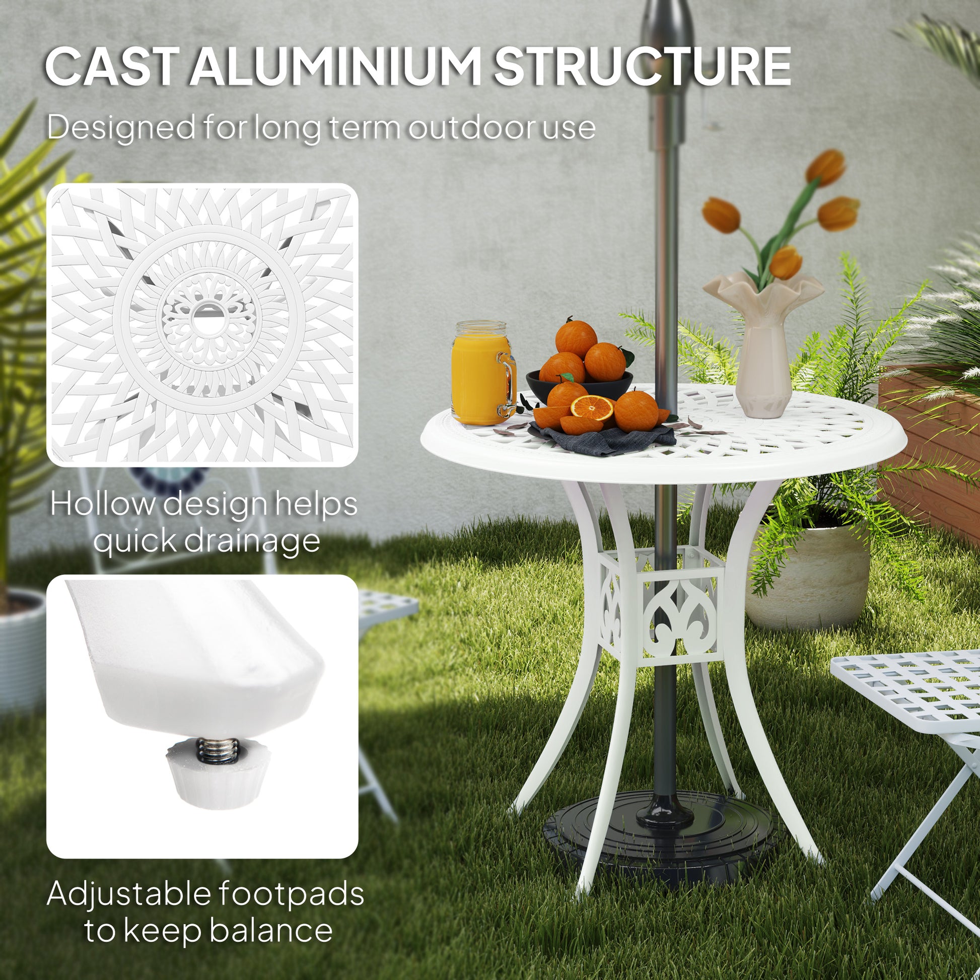 Outsunny 78 cm Round Garden Dining Table with Parasol Hole Antique Cast Aluminium Outdoor Table Only, White
