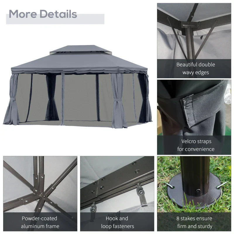 3.9m x 2.9m Dark Grey Aluminium Garden Pavilion – Double Roof Gazebo Canopy with Privacy Curtains, Insect Mesh Netting & Party Shelter Tent