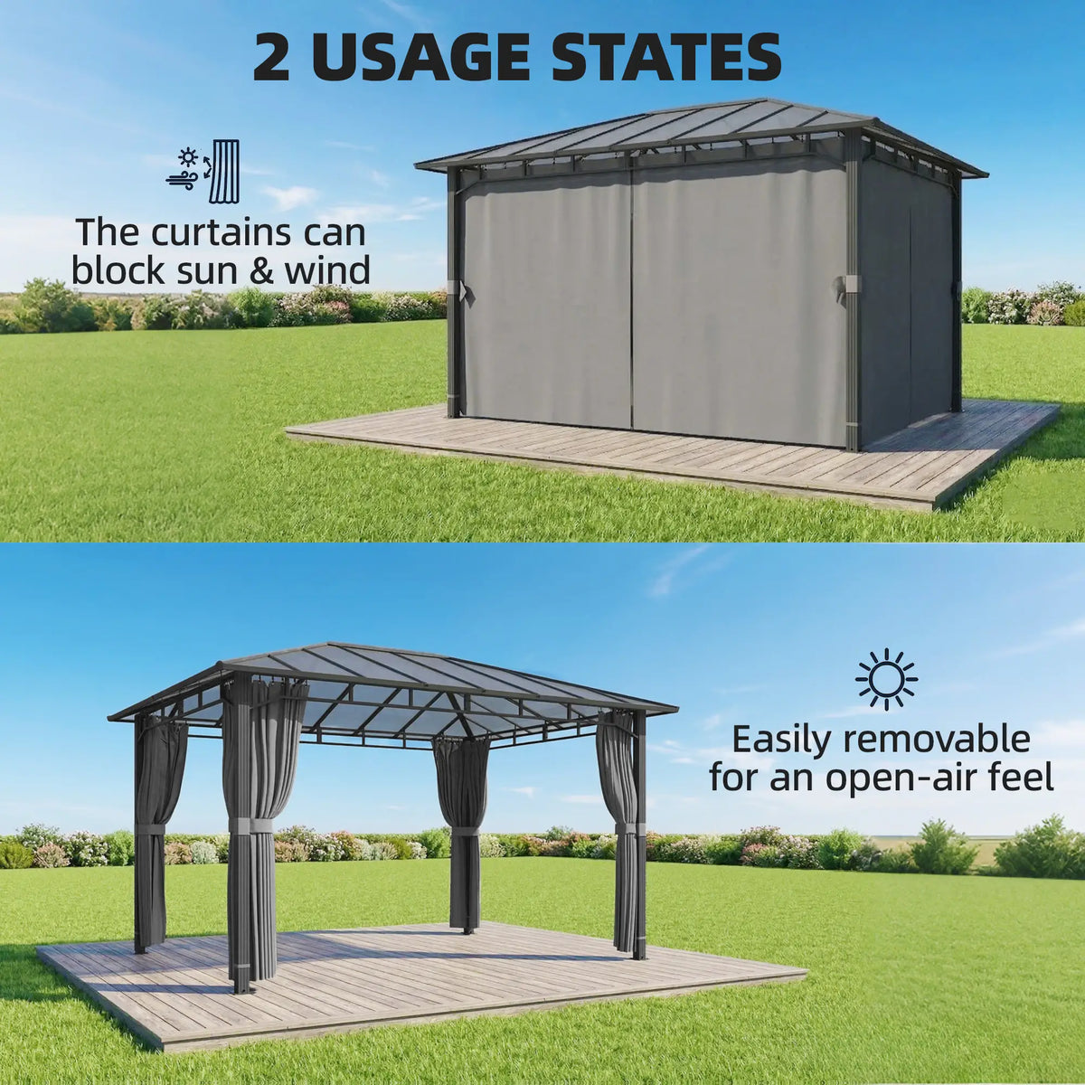 3m x 4m Hardtop Gazebo with 6mm Polycarbonate Roof, Aluminium Permanent Garden Pavilion with Curtains, Dark Grey Outdoor Patio Canopy for Sun, Rain...