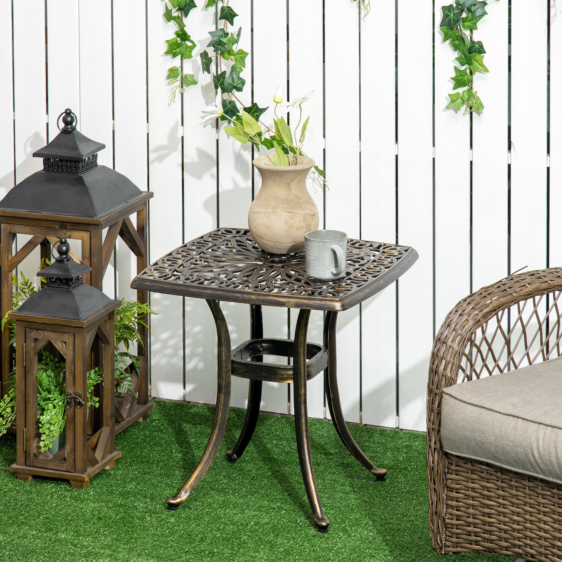 Tivoli Garden Side Table with 38mm Dia. Umbrella Hole, Cast Aluminium Patio coffee Table, 54 x 54cm, Bronze Tone