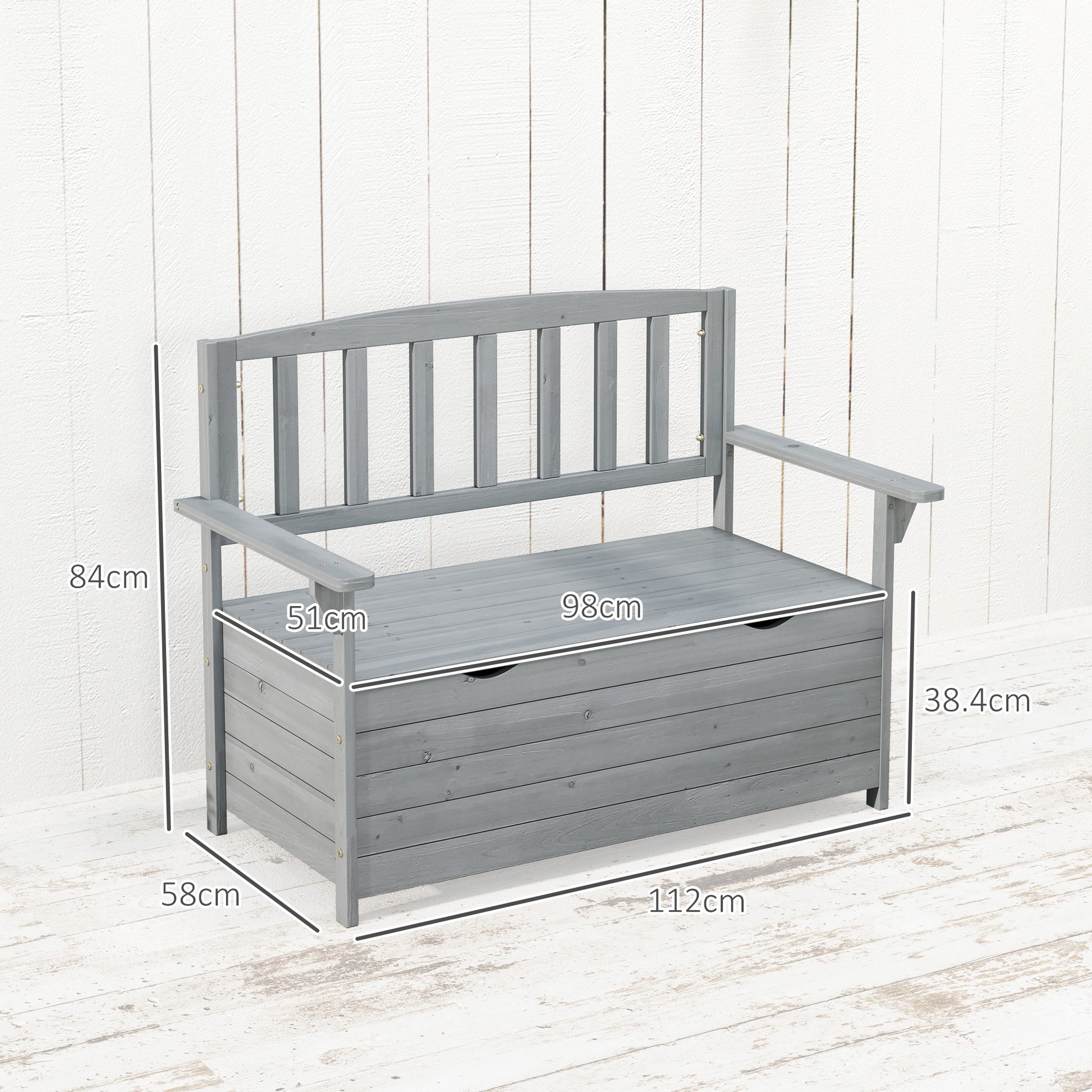 Outsunny Outdoor 2 Seater Garden Bench, Wooden Bench with Storage, Backrest, Arm Rests, 112 x 84 x 58 cm, Grey