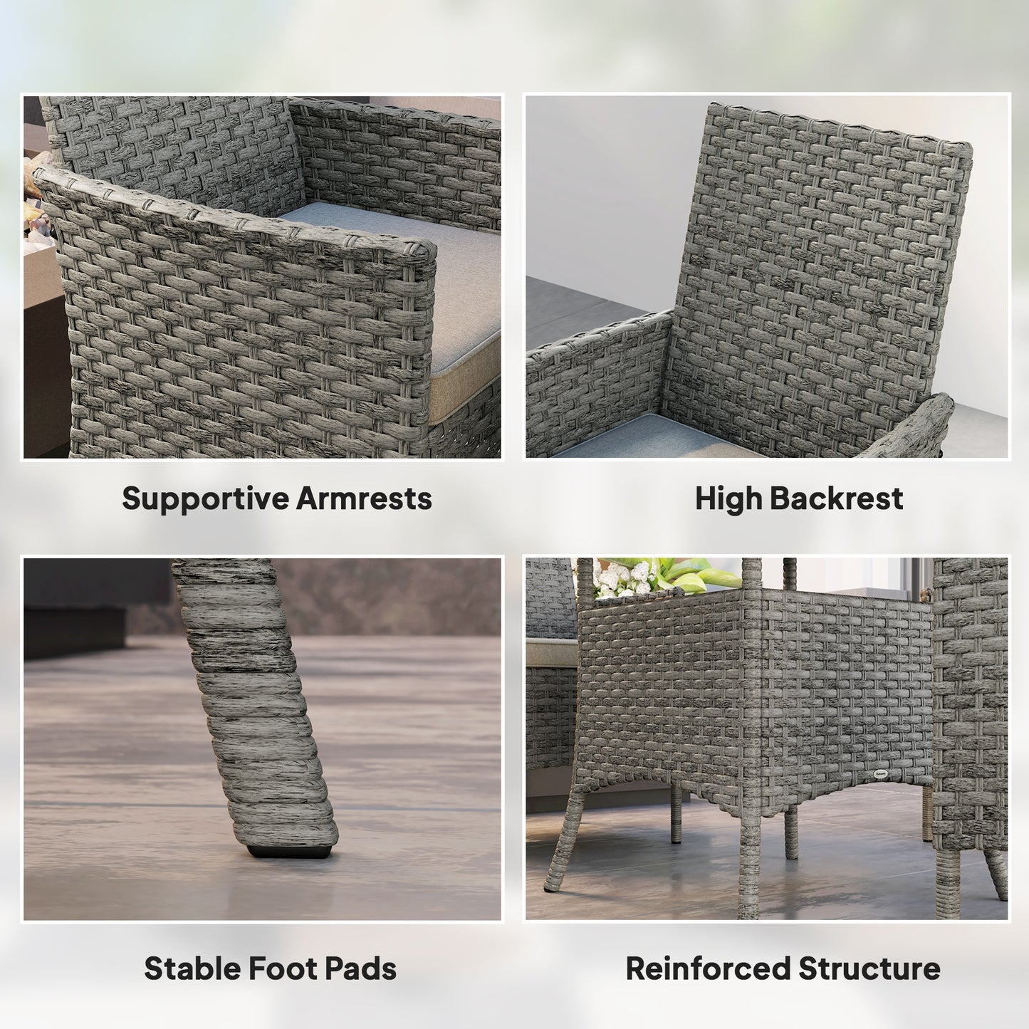 Outsunny Rattan Garden Furniture Set, Outdoor Dining Table and Chairs 4 Seater with Cushions, Square Tempered Glass Top, 4 Armchairs, for Balcony, Terrace, Conservatory, Grey