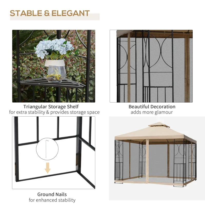 Beige 3m x 3m Hardtop Gazebo – Double Tier Roof Garden Shelter with Net Curtains and Storage Trays
