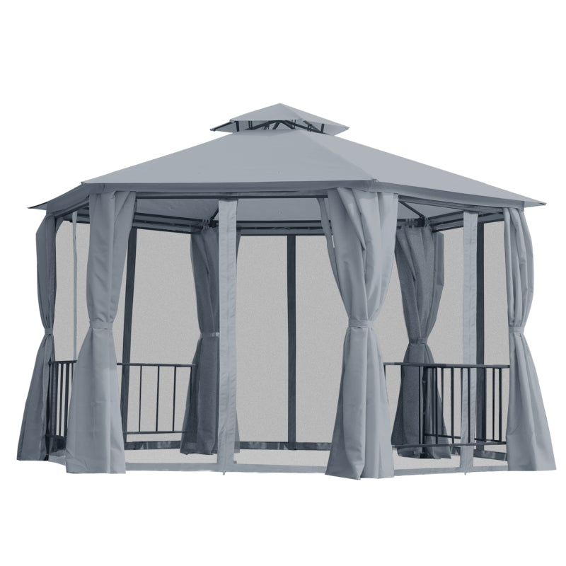 3m x 3m Hexagonal Garden Gazebo with Privacy Curtains & Mesh Insect Screens – Grey Steel Frame Pavilion