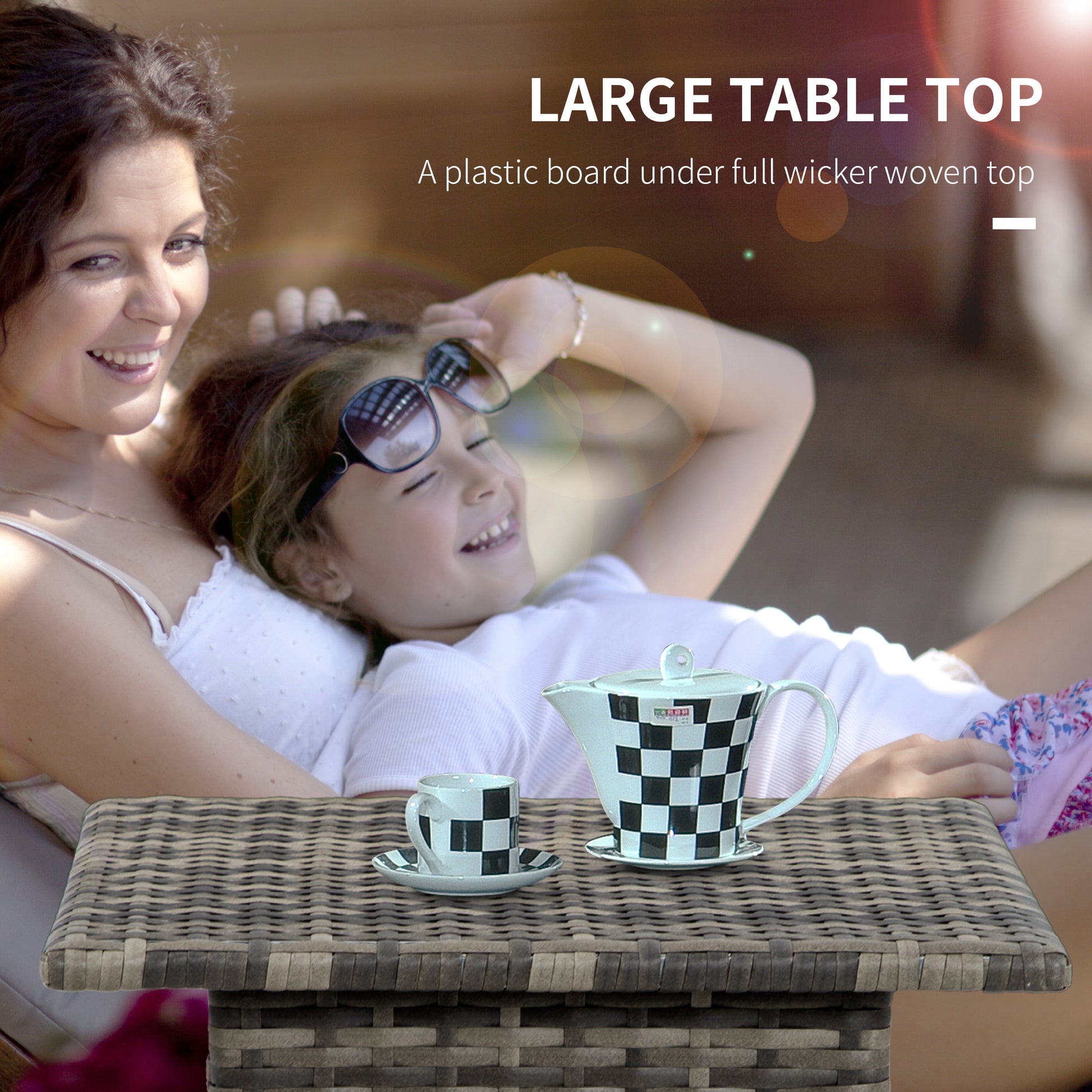 Outsunny Rattan Side Table, Outdoor Coffee Table with Plastic Board Under the Full Woven Table Top for Patio, Garden, Balcony, Mixed Grey
