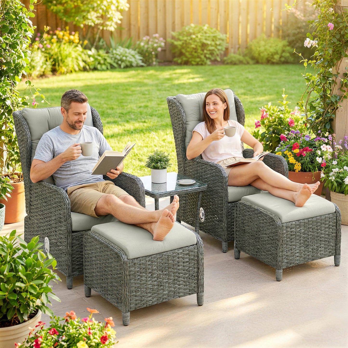 Outsunny Rattan Reclining Garden Chair Set of 2 with Footstool and Cushion for Balcony, Cream