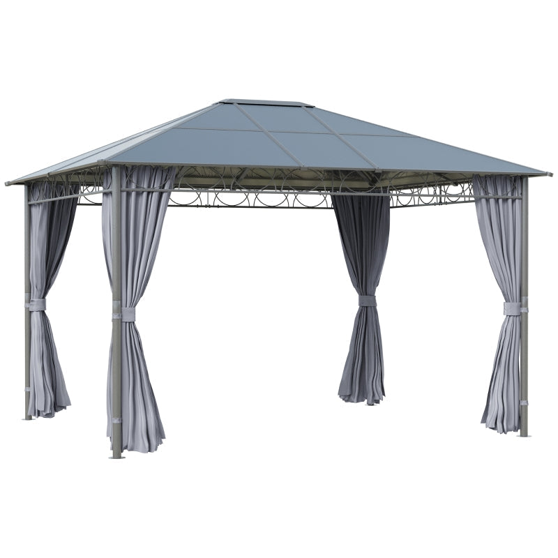 3.6m x 3m Grey Polycarbonate Hardtop Garden Gazebo with Privacy Curtains & Steel Frame