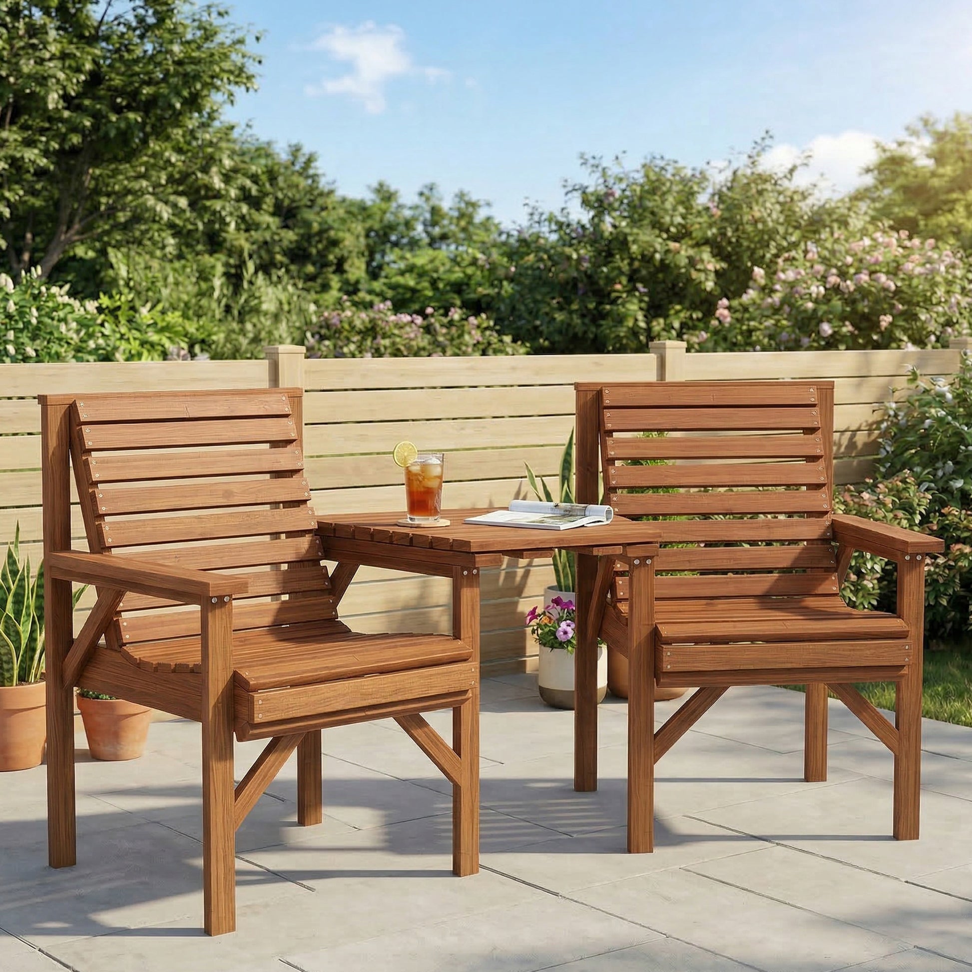 Amalfi Wooden Garden Love Seat w/ Coffee Table Umbrella Hole, Tan Brown