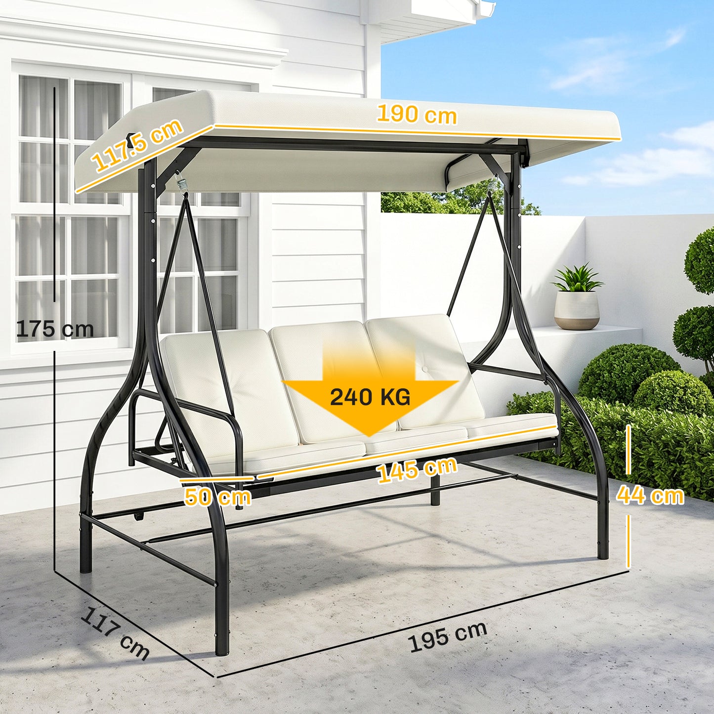 Outsunny 3 Seater Garden Swing Chair, 2 in 1 Convertible Patio Swing Seat Bed with Adjustable Canopy, Cushions and Metal Frame, Outdoor Hammock Bench Chair for Balcony, Terrace, Cream White