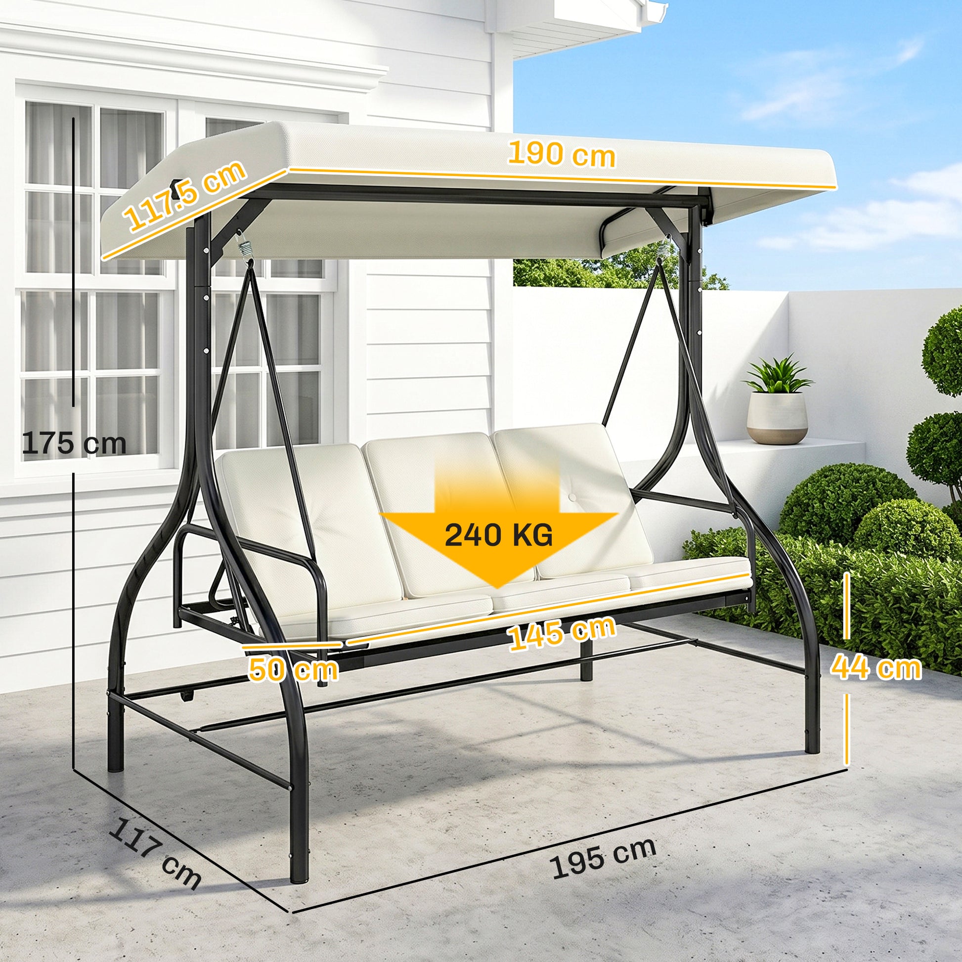 Outsunny 3 Seater Garden Swing Chair, 2 in 1 Convertible Patio Swing Seat Bed with Adjustable Canopy, Cushions and Metal Frame, Outdoor Hammock Bench Chair for Balcony, Terrace, Cream White