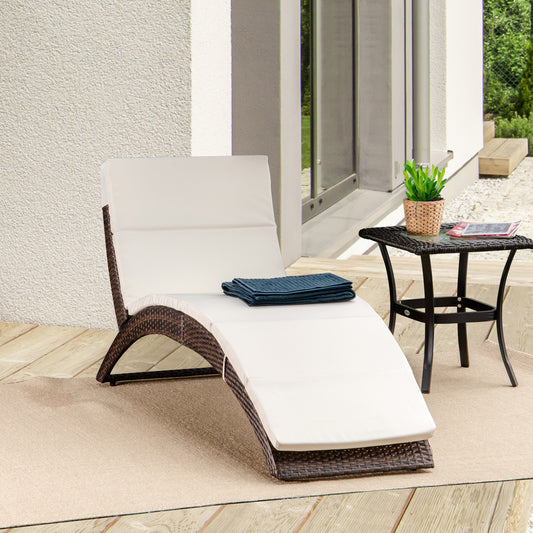 Folding Sun Lounger, PE Rattan Garden Lounger Chair with Soft Padded Cushion, Ergonomic Curved Design Sun Bed for Balcony, Garden, Brown