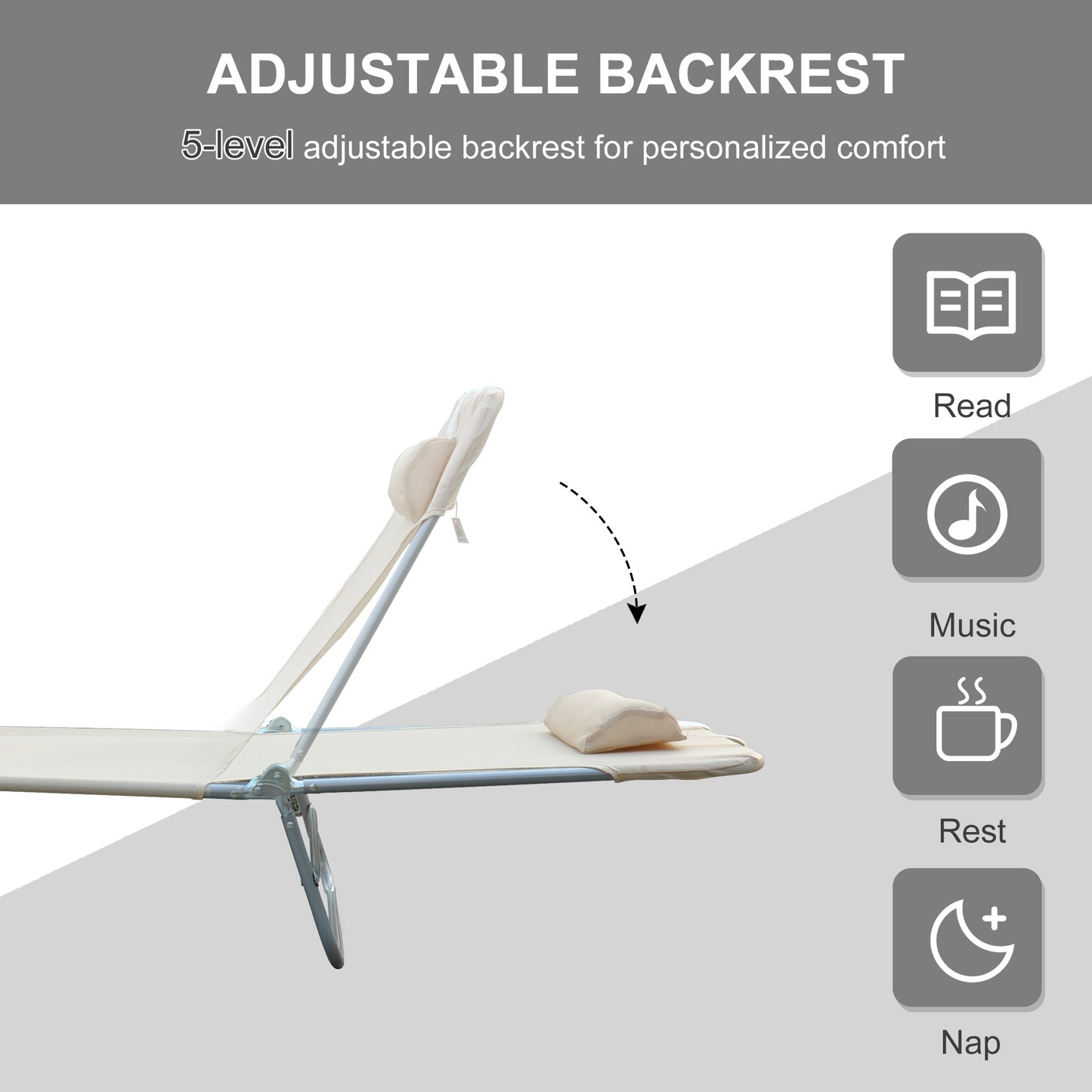 Outsunny Folding Sun Lounger, Texteline Reclining Sun Bed with 5 Position Adjustable Backrest, Headrest, Beige