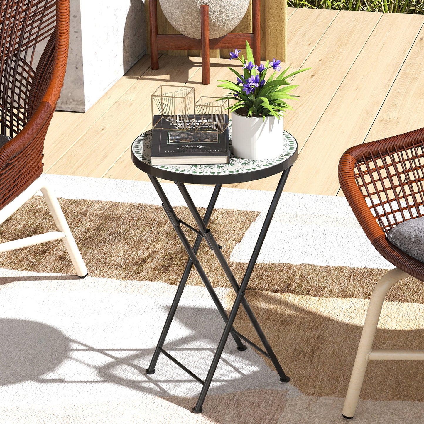 Mosaic Outdoor Garden Table, 35.5cm Round Folding Coffee Table with Metal Frame for Balcony Terrace, Green