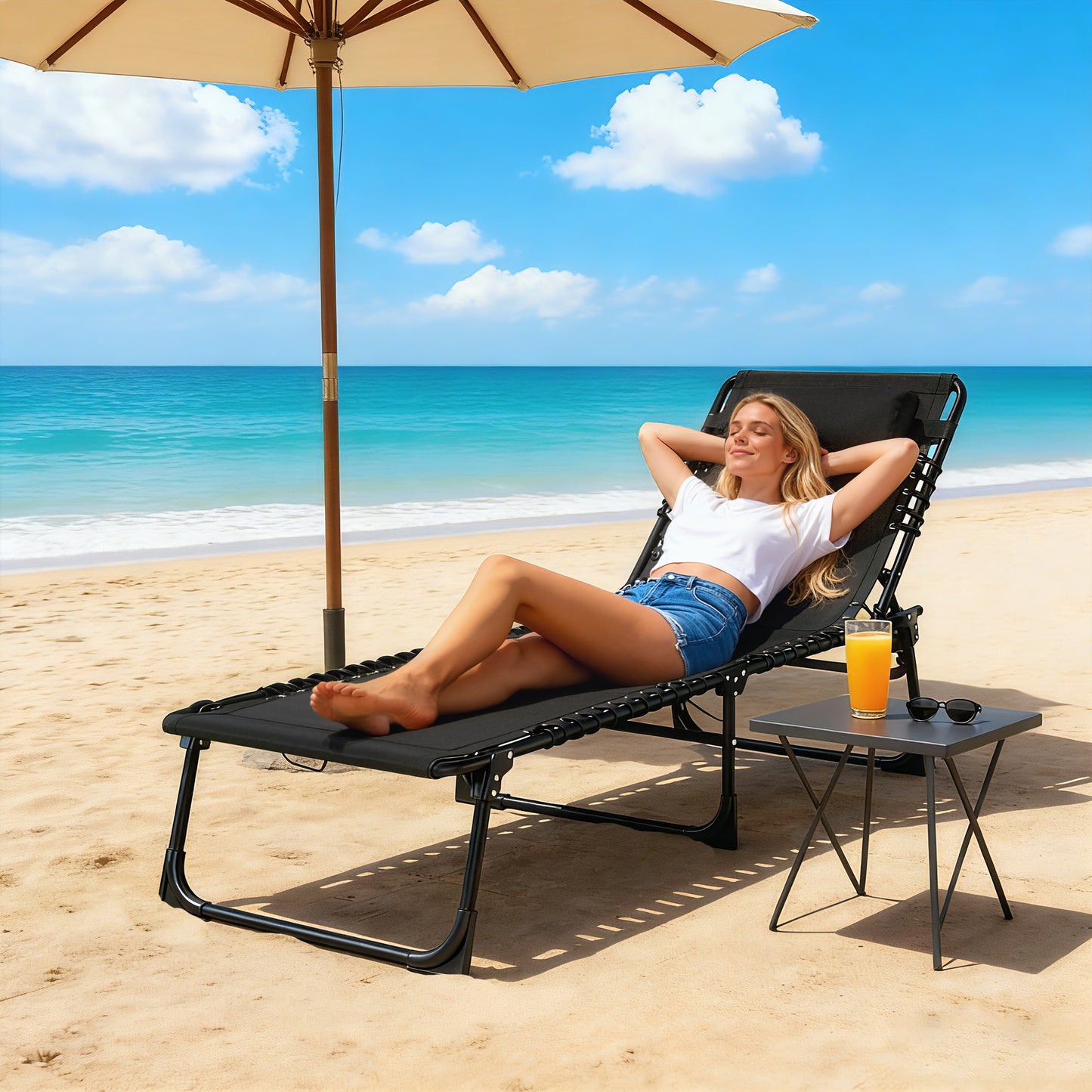 Foldable Sun Lounger, Outdoor 4 Level Adjustable Backrest Reclining Chaise Chair, Steel Frame Recliner Chair for Camping, Hiking, Black