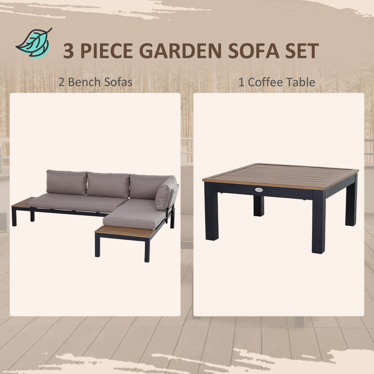 Outsunny 3 Pieces Garden Furniture Set, Aluminium 4 Seater Corner Sofa Set with 2 Loveseats, Black
