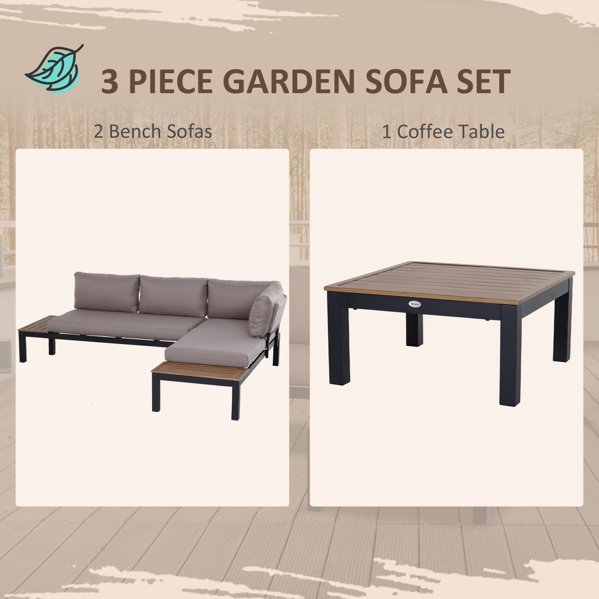 Outsunny 3 Pieces Garden Furniture Set, Aluminium 4 Seater Corner Sofa Set with 2 Loveseats, Black