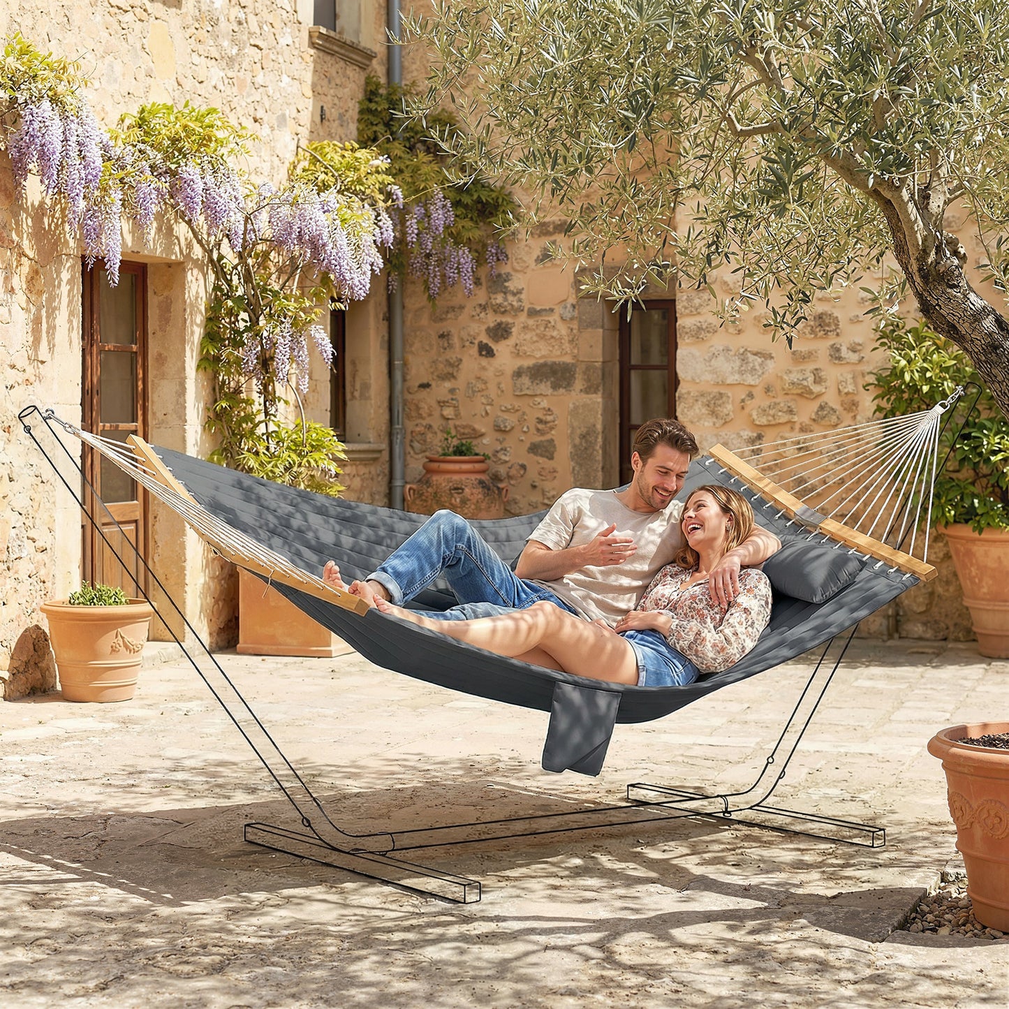 Riviera Double Hammock 2 Person Swing Bed with Spreader Bars, Pillows, Pad, 200 x 140cm, Grey