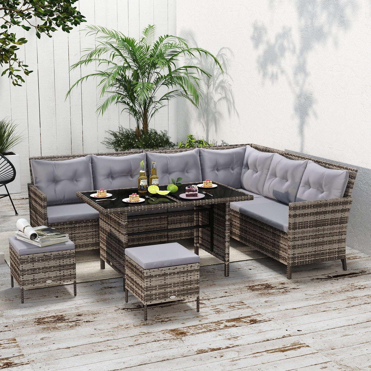 Santorini 8 Seater Rattan Sofa Set, Rattan Garden Furniture Set with Tempered Glass Table & Thick Cushions, Grey