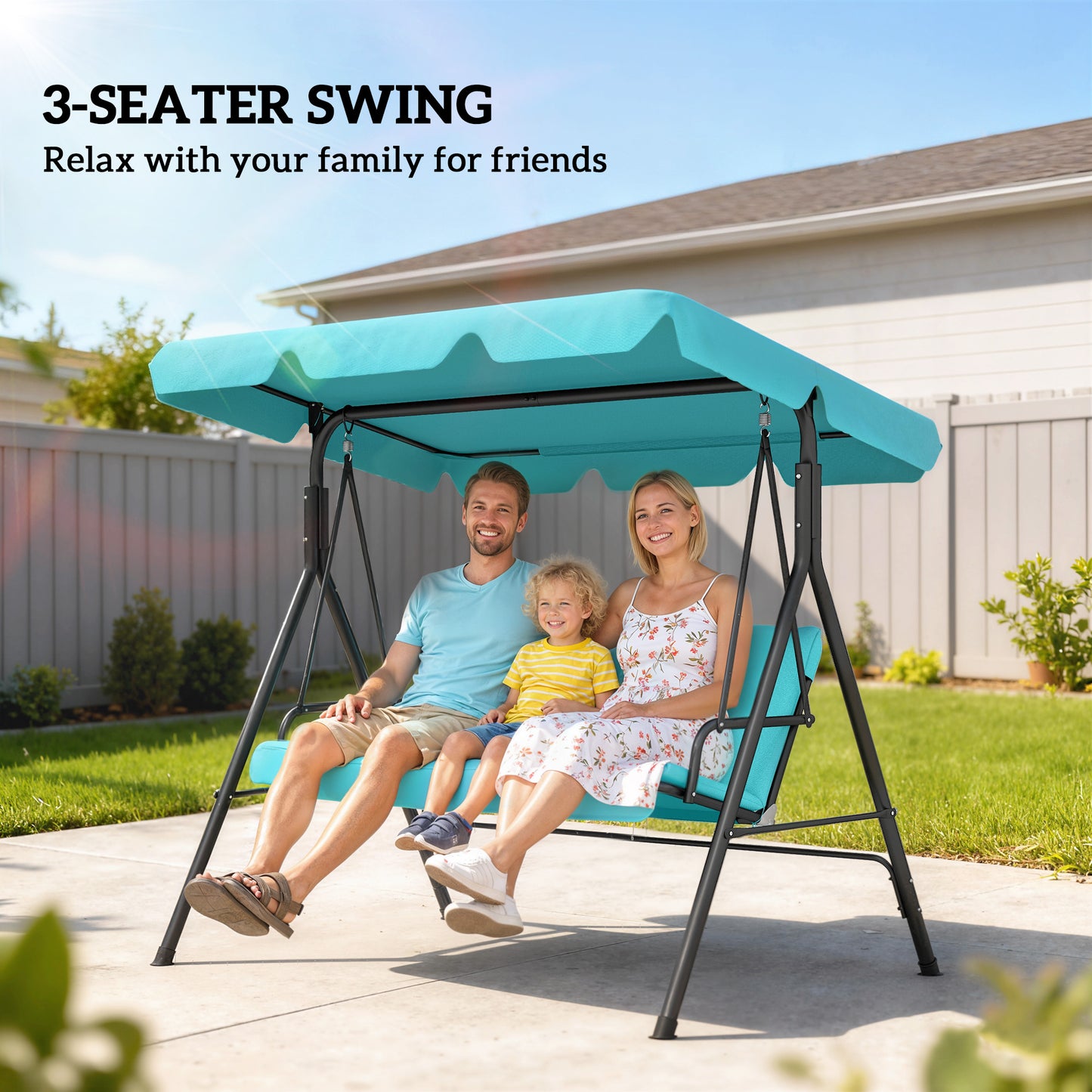 Outsunny Three-Seater Garden Swing Chair, with Adjustable Canopy - Teal