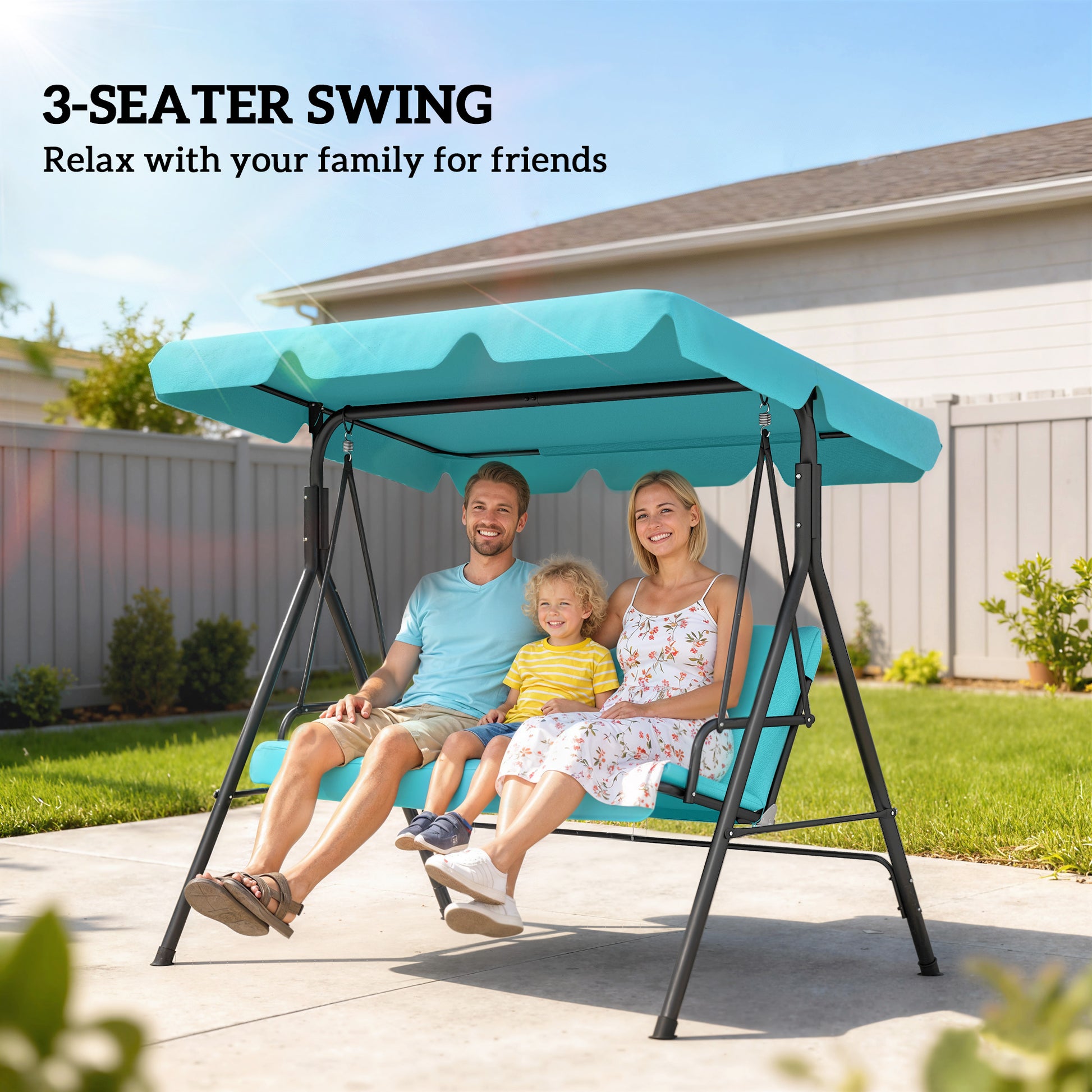Outsunny Three-Seater Garden Swing Chair, with Adjustable Canopy - Teal