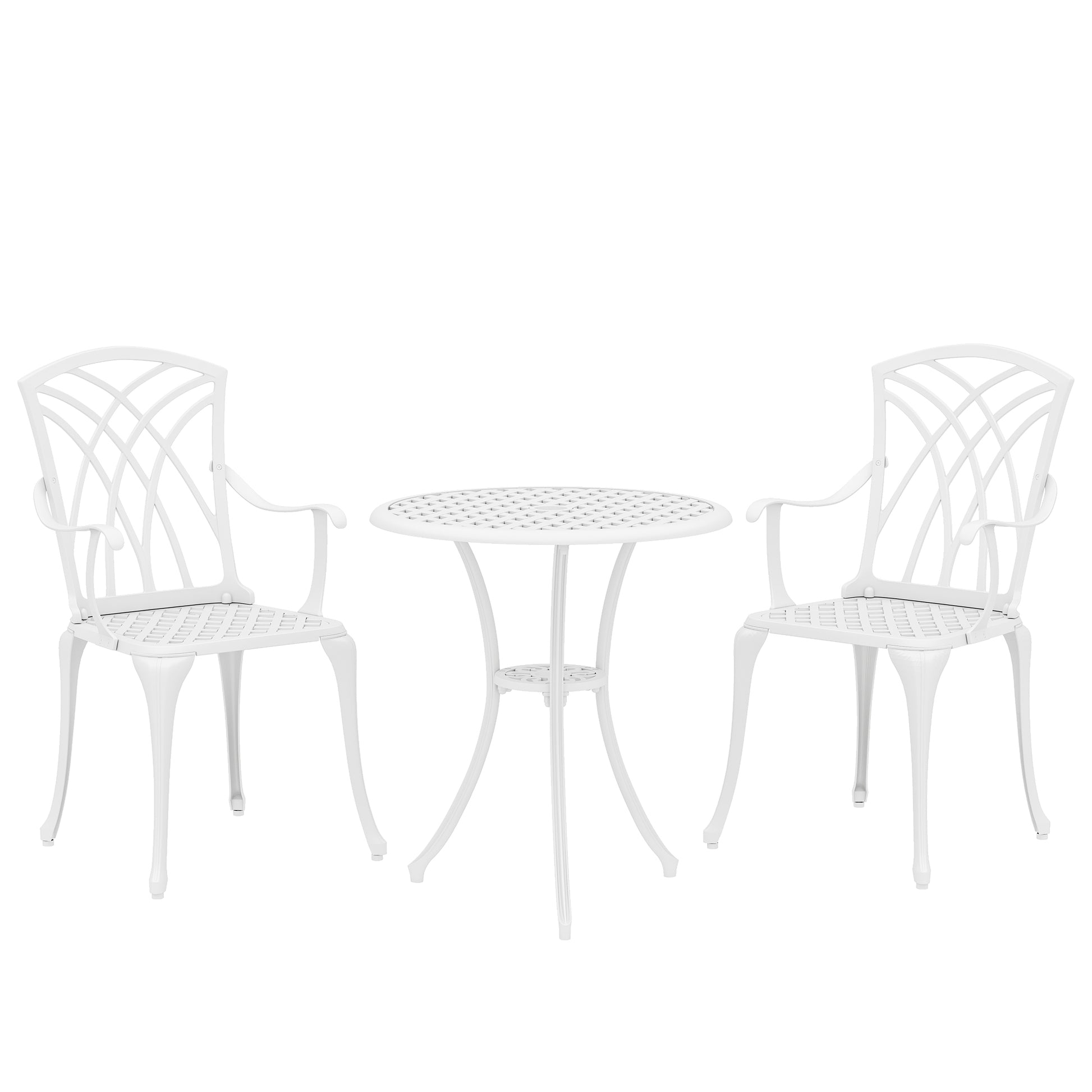 Outsunny 3 Pieces Garden Bistro Set, Cast Aluminium Outdoor Dining Set with 2 Chairs and Round Table with Parasol Hole, White