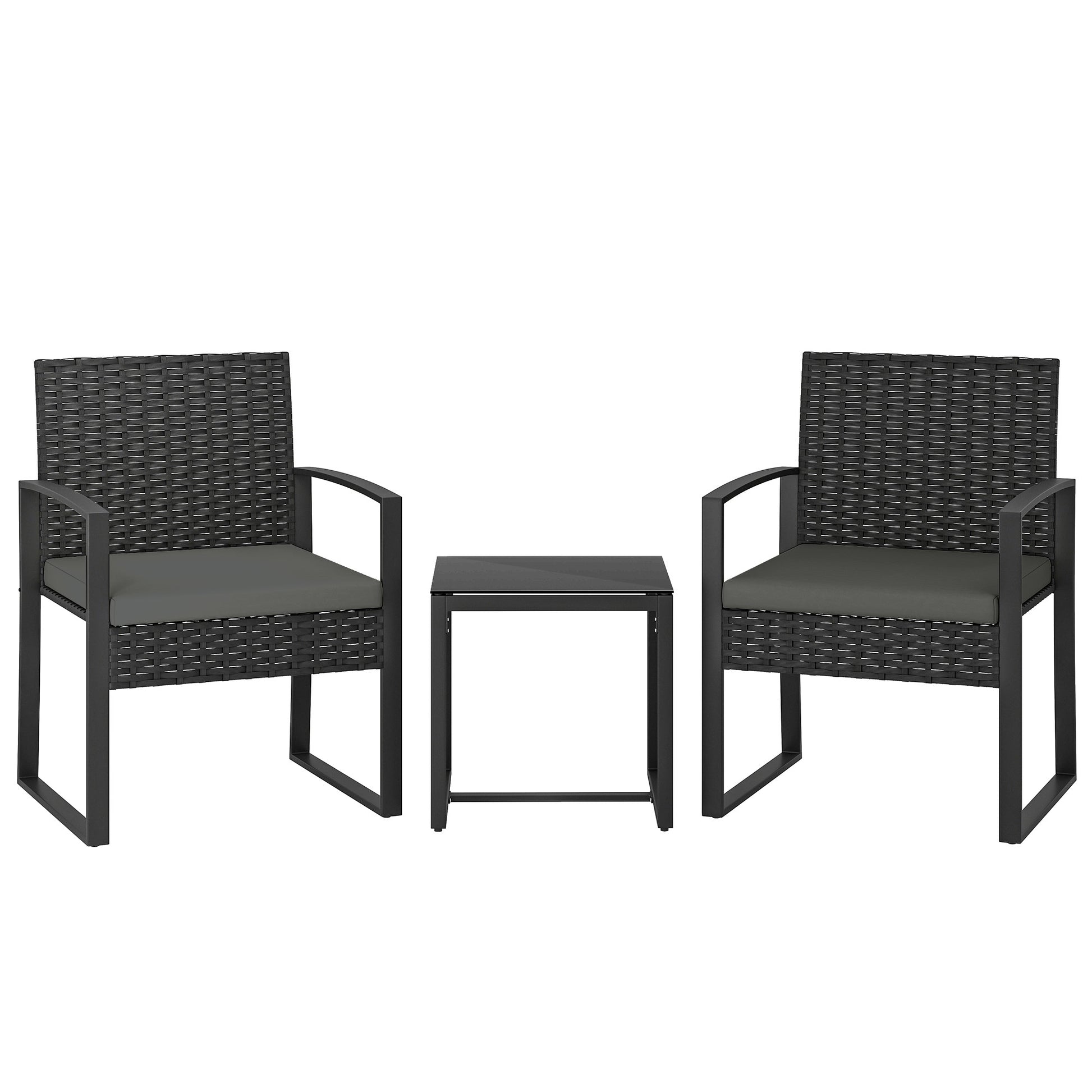 Outsunny Rattan Bistro Set, 3 Piece Garden Furniture Set with Glass Top Table and Cushions, Dark Grey