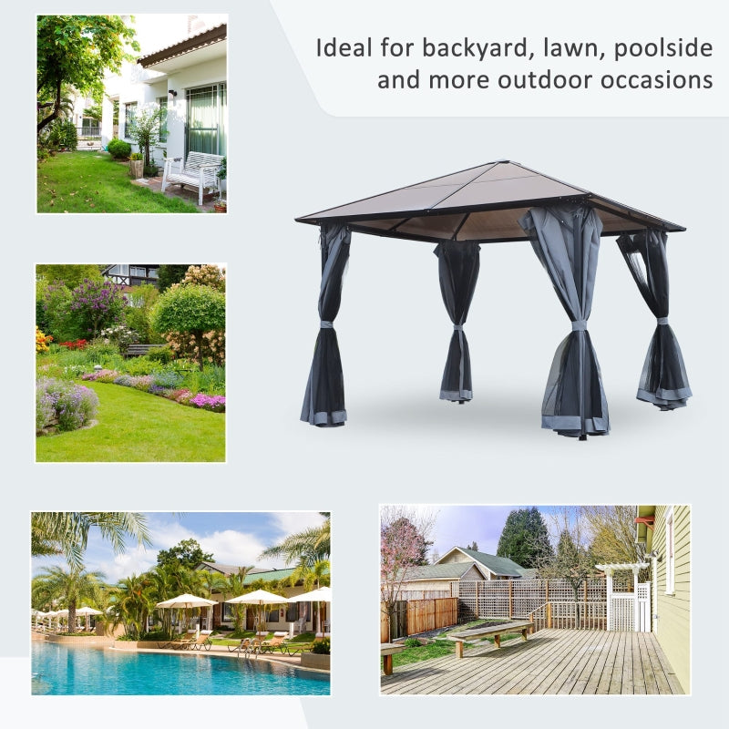 4m x 3m Aluminium Garden Gazebo with Polycarbonate Hard Roof, Privacy Curtains & Mesh Sidewalls