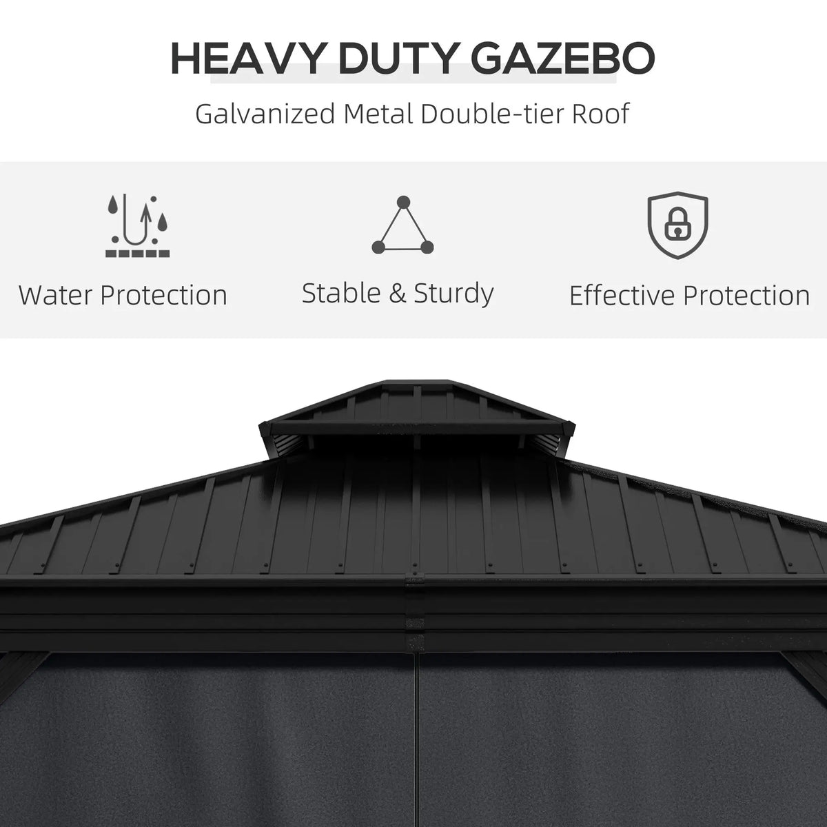 3.65m x 3m Dark Grey Aluminium Hardtop Garden Gazebo – Galvanised Steel Roof Pavilion with Double – Tier Ventilation, Curtains & Insect Netting