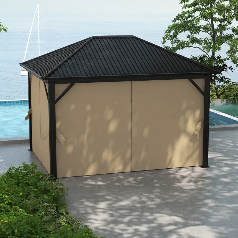Brown 3.6m x 3m Aluminium Hardtop Gazebo - Durable Garden Shelter with Privacy Curtains