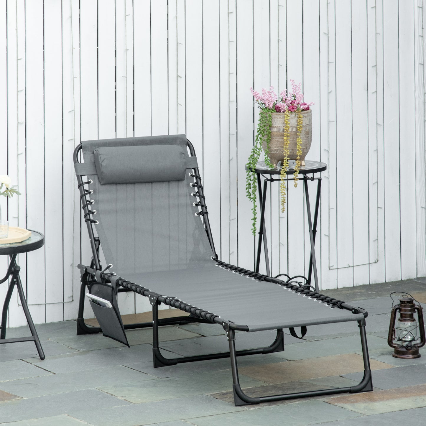 Portable Sun Lounger, Folding Camping Bed Cot, Reclining Lounge Chair 5-position Adjustable Backrest with Side Pocket, Pillow for Patio Garden