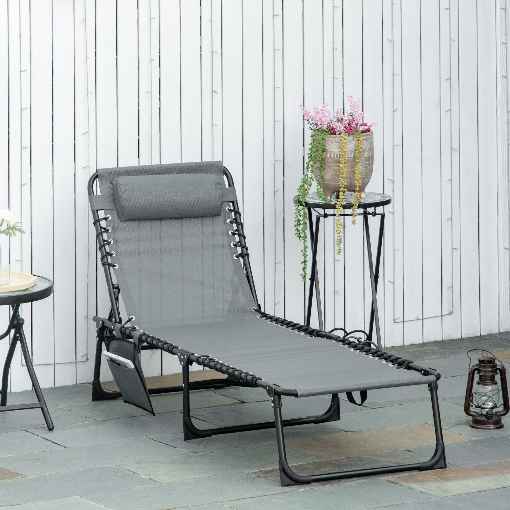 Portable Sun Lounger, Folding Camping Bed Cot, Reclining Lounge Chair 5-position Adjustable Backrest with Side Pocket, Pillow for Patio Garden