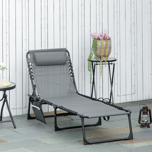 Portable Sun Lounger, Folding Camping Bed Cot, Reclining Lounge Chair 5-position Adjustable Backrest with Side Pocket, Pillow for Patio Garden
