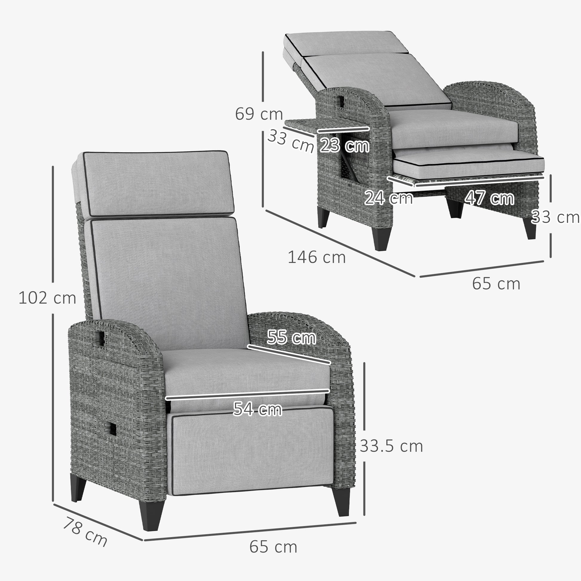 Outsunny Outdoor Recliner Chair with Adjustable Backrest and Footrest, Cushion, Side Tray, Light Grey/Grey