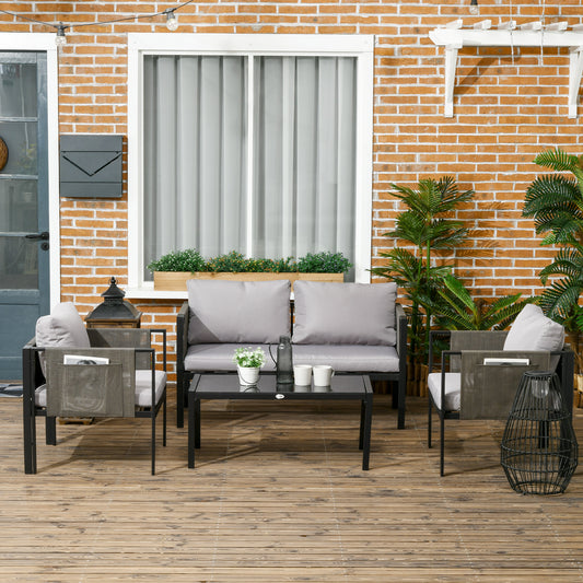 Amalfi 4 Piece Metal Garden Furniture Set with Tempered Glass Coffee Table, Texteline Pocket, Light Grey