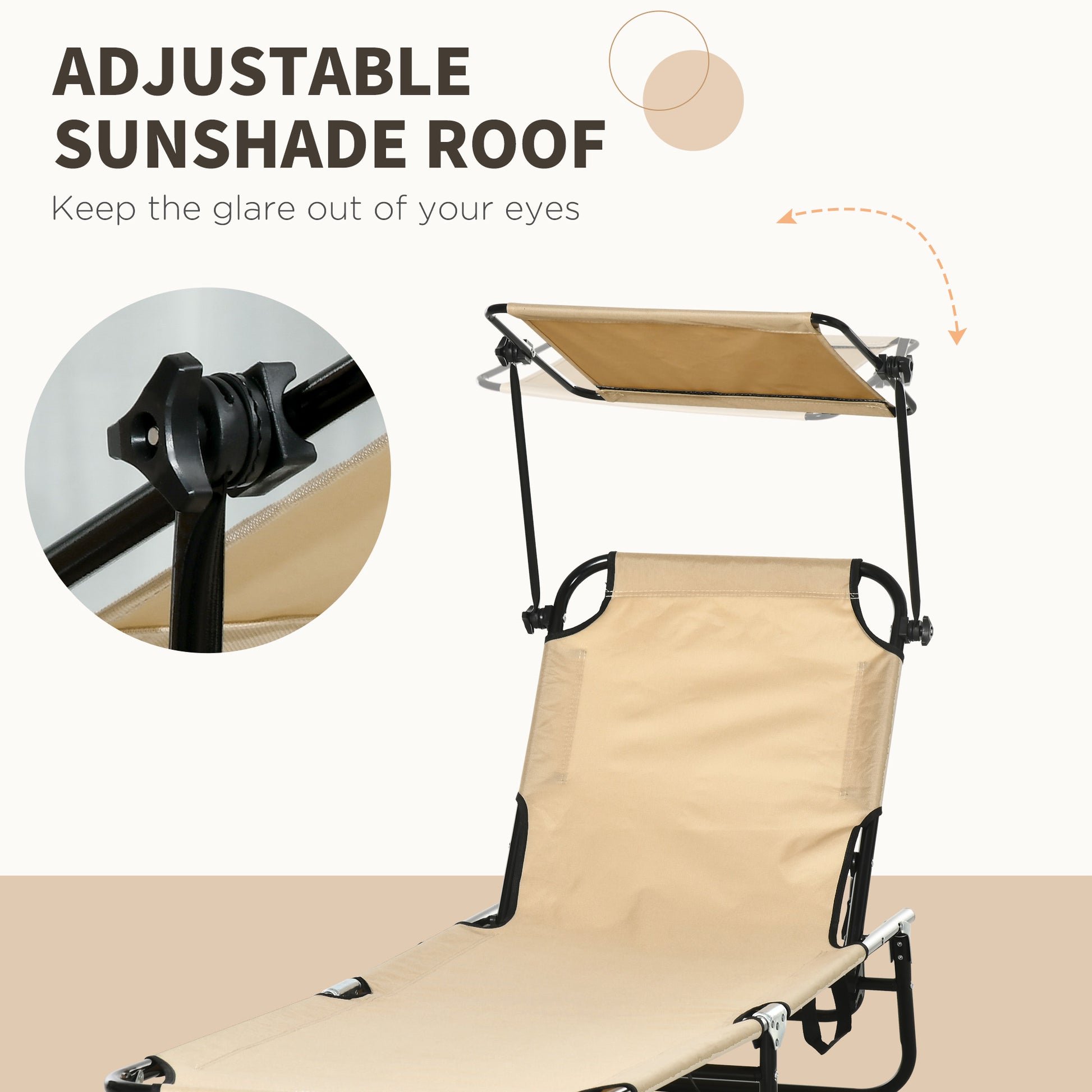 Outsunny 2 Piece Folding Sun Loungers with Canopy, Adjustable Recliner Garden Chairs with Side Pocket, Steel Frame and Breathable Mesh for Outdoor, Pool, Beach, Garden, Tan Brown