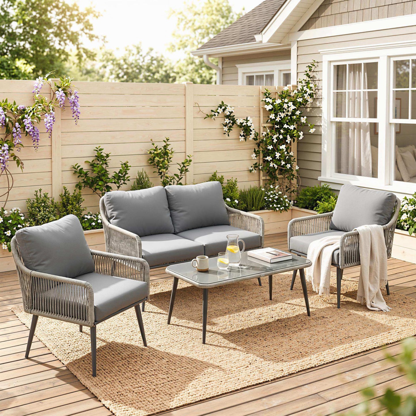 Verona Rattan Garden Furniture Set, 4 Piece Garden Furniture with Tempered Glass Table and Chairs